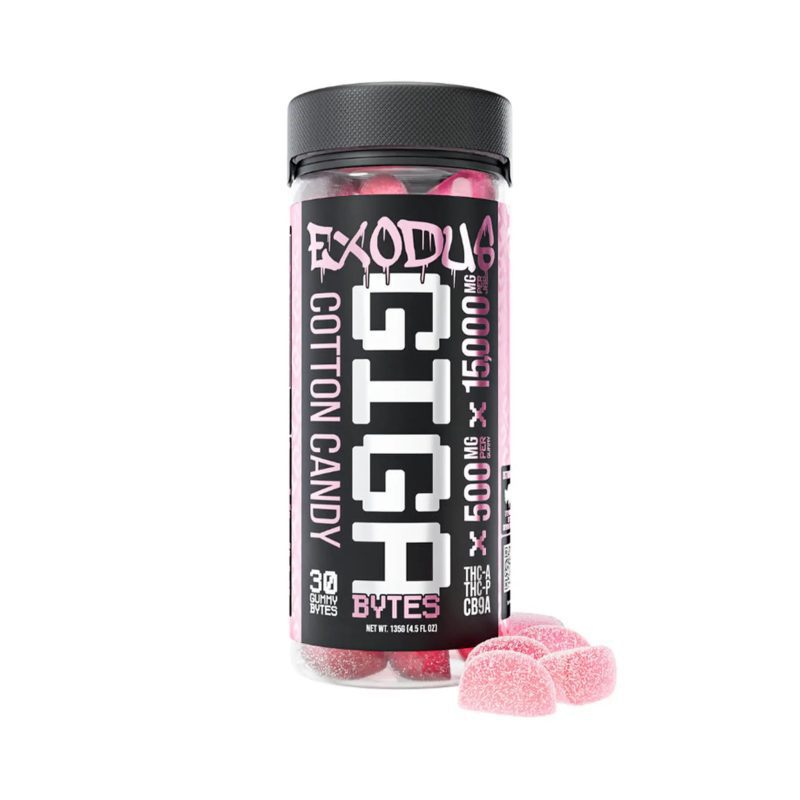 Exodus Thc-A + Thc-P + Cb9a Gigabytes Gummies 15,000mg Cotton Candy flavor, sweet and nostalgic exodus gigabyte gummies.