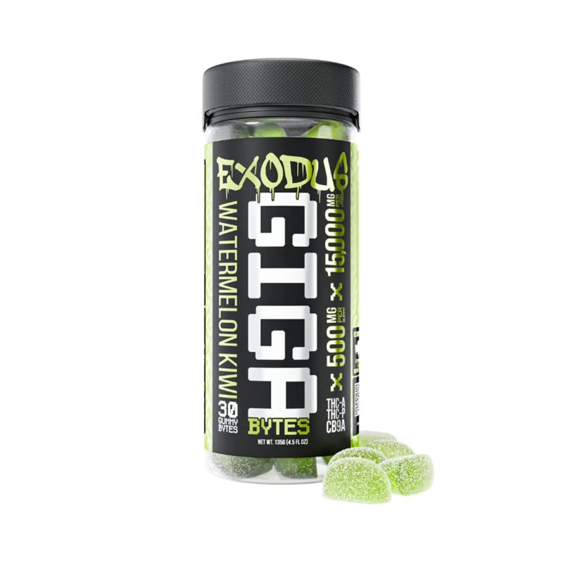 Exodus Thc-A + Thc-P + Cb9a Gigabytes Gummies 15,000mg Watermelon Kiwi flavor, juicy and refreshing exodus gigabyte gummies.